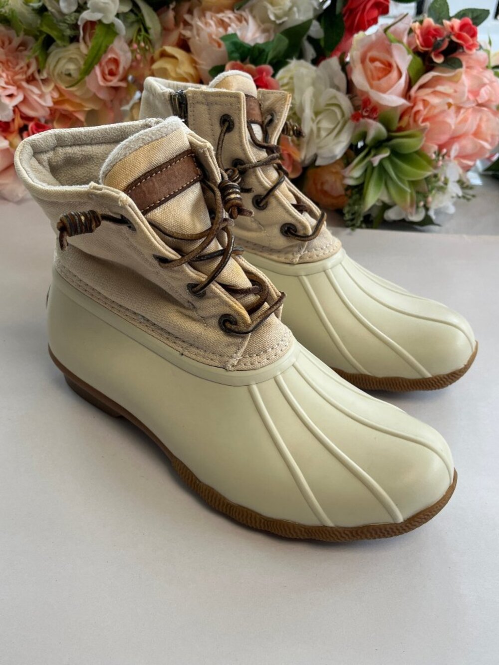 Sperry Saltwater Duck Rain Boots Ivory Cream Side Zip Women's Size 7